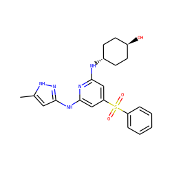 Cc1cc(Nc2cc(S(=O)(=O)c3ccccc3)cc(N[C@H]3CC[C@H](O)CC3)n2)n[nH]1 ZINC000299827263