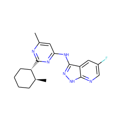 Cc1cc(Nc2n[nH]c3ncc(F)cc23)nc([C@H]2CCCC[C@@H]2C)n1 ZINC000148888518