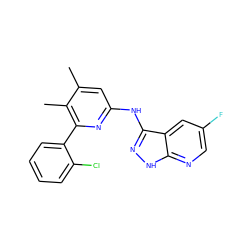 Cc1cc(Nc2n[nH]c3ncc(F)cc23)nc(-c2ccccc2Cl)c1C ZINC000043199866