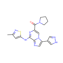 Cc1cc(Nc2nc(C(=O)N3CCCC3)cn3c(-c4cn[nH]c4)cnc23)sn1 ZINC000072110998