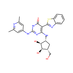 Cc1cc(Nc2nc(N[C@@H]3C[C@H](CO)[C@@H](O)[C@H]3O)c(-c3nc4ccccc4s3)c(=O)[nH]2)cc(C)n1 ZINC000473112605