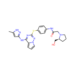 Cc1cc(Nc2nc(Sc3ccc(NC(=O)CN4CCC[C@H]4CO)cc3)nn3cccc23)n[nH]1 ZINC000072180019