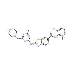 Cc1cc(Nc2nc3ccc(C(=O)Nc4c(C)cccc4Cl)cc3s2)nc(CN2CCOCC2)n1 ZINC000013536671