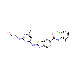 Cc1cc(Nc2nc3ccc(C(=O)Nc4c(C)cccc4Cl)cc3s2)nc(NCCO)n1 ZINC000013536663