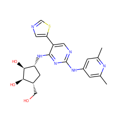 Cc1cc(Nc2ncc(-c3cncs3)c(N[C@@H]3C[C@H](CO)[C@@H](O)[C@H]3O)n2)cc(C)n1 ZINC000473108524