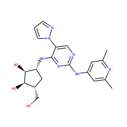 Cc1cc(Nc2ncc(-n3cccn3)c(N[C@@H]3C[C@H](CO)[C@@H](O)[C@H]3O)n2)cc(C)n1 ZINC000207524708