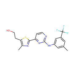 Cc1cc(Nc2nccc(-c3nc(C)c(CCO)s3)n2)cc(C(F)(F)F)c1 ZINC000040915237