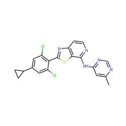 Cc1cc(Nc2nccc3nc(-c4c(Cl)cc(C5CC5)cc4Cl)sc23)ncn1 ZINC000114603237