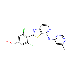 Cc1cc(Nc2nccc3nc(-c4c(Cl)cc(CO)cc4Cl)sc23)ncn1 ZINC000114601658