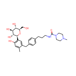 Cc1cc(O)c([C@@H]2O[C@H](CO)[C@@H](O)[C@H](O)[C@H]2O)cc1Cc1ccc(CCCNC(=O)N2CCN(C)CC2)cc1 ZINC000118221426