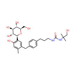 Cc1cc(O)c([C@@H]2O[C@H](CO)[C@@H](O)[C@H](O)[C@H]2O)cc1Cc1ccc(CCCNC(=O)NC(C)(C)CO)cc1 ZINC000043176968