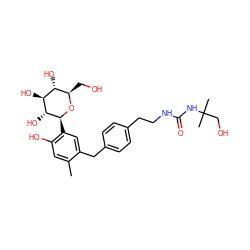 Cc1cc(O)c([C@@H]2O[C@H](CO)[C@@H](O)[C@H](O)[C@H]2O)cc1Cc1ccc(CCNC(=O)NC(C)(C)CO)cc1 ZINC000043176972