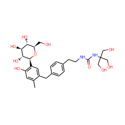 Cc1cc(O)c([C@@H]2O[C@H](CO)[C@@H](O)[C@H](O)[C@H]2O)cc1Cc1ccc(CCNC(=O)NC(CO)(CO)CO)cc1 ZINC000068087774