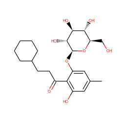 Cc1cc(O)c(C(=O)CCC2CCCCC2)c(O[C@@H]2O[C@H](CO)[C@@H](O)[C@H](O)[C@H]2O)c1 ZINC000028390723