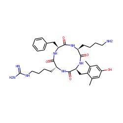 Cc1cc(O)cc(C)c1C[C@@H]1NC(=O)[C@H](CCCCN)NC(=O)[C@H](Cc2ccccc2)NC(=O)[C@@H](CCCCNC(=N)N)NC1=O ZINC001772573105