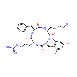 Cc1cc(O)cc(C)c1C[C@@H]1NC(=O)[C@H](CCCCN)NC(=O)[C@H](Cc2ccccc2)NC(=O)[C@@H](CCCNC(=N)N)NC1=O ZINC001772589922