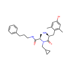 Cc1cc(O)cc(C)c1C[C@H](N)C(=O)N(CC1CC1)[C@H](C)C(=O)NCCCc1ccccc1 ZINC000013735497