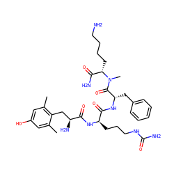 Cc1cc(O)cc(C)c1C[C@H](N)C(=O)N[C@H](CCCNC(N)=O)C(=O)N[C@@H](Cc1ccccc1)C(=O)N(C)[C@@H](CCCCN)C(N)=O ZINC000095576960