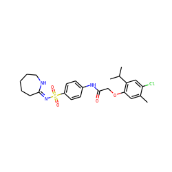 Cc1cc(OCC(=O)Nc2ccc(S(=O)(=O)/N=C3/CCCCCN3)cc2)c(C(C)C)cc1Cl ZINC000002725888