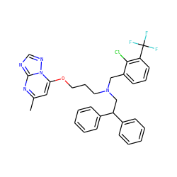 Cc1cc(OCCCN(Cc2cccc(C(F)(F)F)c2Cl)CC(c2ccccc2)c2ccccc2)n2ncnc2n1 ZINC000169686227