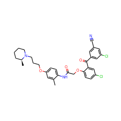 Cc1cc(OCCCN2CCCC[C@@H]2C)ccc1NC(=O)COc1ccc(Cl)cc1C(=O)c1cc(Cl)cc(C#N)c1 ZINC000049626270