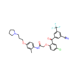 Cc1cc(OCCCN2CCCC2)ccc1NC(=O)COc1ccc(Cl)cc1C(=O)c1cc(C#N)cc(C(F)(F)F)c1 ZINC000049605019