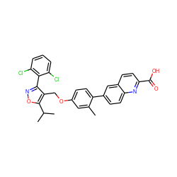 Cc1cc(OCc2c(-c3c(Cl)cccc3Cl)noc2C(C)C)ccc1-c1ccc2nc(C(=O)O)ccc2c1 ZINC000066077321