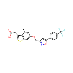 Cc1cc(OCc2cc(-c3ccc(C(F)(F)F)cc3)on2)cc2scc(CC(=O)O)c12 ZINC000028822709