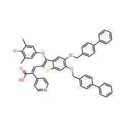 Cc1cc(Oc2c(/C=C(/C(=O)O)c3ccncc3)sc3cc(OCc4ccc(-c5ccccc5)cc4)c(OCc4ccc(-c5ccccc5)cc4)cc23)cc(C)c1Cl ZINC000095540622