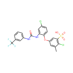 Cc1cc(Oc2ccc(Cl)cc2NC(=O)Nc2cccc(C(F)(F)F)c2)cc(S(=O)(=O)O)c1Cl ZINC000001555849