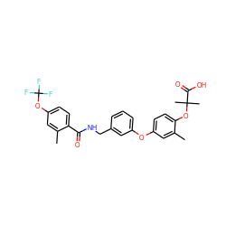 Cc1cc(Oc2cccc(CNC(=O)c3ccc(OC(F)(F)F)cc3C)c2)ccc1OC(C)(C)C(=O)O ZINC000028825470