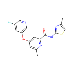 Cc1cc(Oc2cncc(F)c2)cc(C(=O)Nc2nc(C)cs2)n1 ZINC001772614227