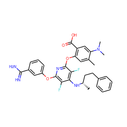 Cc1cc(Oc2nc(Oc3cccc(C(=N)N)c3)c(F)c(N[C@@H](C)CCc3ccccc3)c2F)c(C(=O)O)cc1N(C)C ZINC000169221550