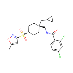 Cc1cc(S(=O)(=O)[C@H]2CC[C@@](CNC(=O)c3ccc(Cl)cc3Cl)(CC3CC3)CC2)no1 ZINC000101536291