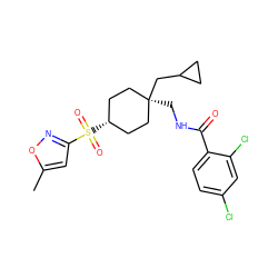 Cc1cc(S(=O)(=O)[C@H]2CC[C@](CNC(=O)c3ccc(Cl)cc3Cl)(CC3CC3)CC2)no1 ZINC000101536287