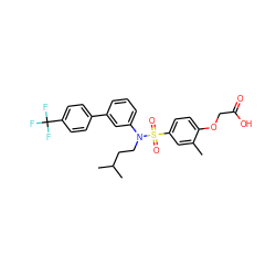 Cc1cc(S(=O)(=O)N(CCC(C)C)c2cccc(-c3ccc(C(F)(F)F)cc3)c2)ccc1OCC(=O)O ZINC000071296921