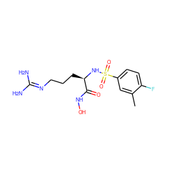 Cc1cc(S(=O)(=O)N[C@H](CCCN=C(N)N)C(=O)NO)ccc1F ZINC000014946099