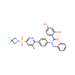 Cc1cc(S(=O)(=O)N2CC(F)(F)C2)cnc1-c1ccc(N(Cc2ccccc2)C(=O)c2ccc(O)cc2O)cc1 ZINC000653684755