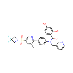 Cc1cc(S(=O)(=O)N2CC(F)(F)C2)cnc1-c1ccc(N(Cc2cccnc2)C(=O)c2ccc(O)cc2O)cc1 ZINC000653760121