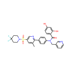 Cc1cc(S(=O)(=O)N2CCC(F)(F)CC2)cnc1-c1ccc(N(Cc2cccnc2)C(=O)c2ccc(O)cc2O)cc1 ZINC000653764964