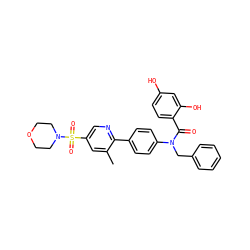 Cc1cc(S(=O)(=O)N2CCOCC2)cnc1-c1ccc(N(Cc2ccccc2)C(=O)c2ccc(O)cc2O)cc1 ZINC000653757340