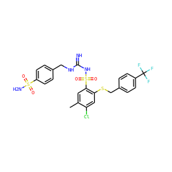 Cc1cc(S(=O)(=O)NC(=N)NCc2ccc(S(N)(=O)=O)cc2)c(SCc2ccc(C(F)(F)F)cc2)cc1Cl ZINC000103224438