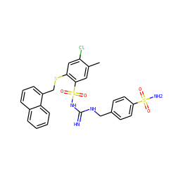 Cc1cc(S(=O)(=O)NC(=N)NCc2ccc(S(N)(=O)=O)cc2)c(SCc2cccc3ccccc23)cc1Cl ZINC000103224456
