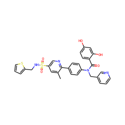 Cc1cc(S(=O)(=O)NCc2cccs2)cnc1-c1ccc(N(Cc2cccnc2)C(=O)c2ccc(O)cc2O)cc1 ZINC000653778452