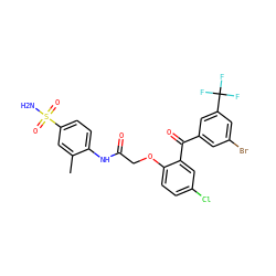 Cc1cc(S(N)(=O)=O)ccc1NC(=O)COc1ccc(Cl)cc1C(=O)c1cc(Br)cc(C(F)(F)F)c1 ZINC000028568224