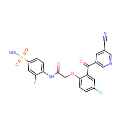 Cc1cc(S(N)(=O)=O)ccc1NC(=O)COc1ccc(Cl)cc1C(=O)c1cncc(C#N)c1 ZINC000013679770