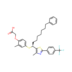 Cc1cc(S[C@@H](CCCCCCCc2ccccc2)c2sc(-c3ccc(C(F)(F)F)cc3)nc2C)ccc1OCC(=O)O ZINC000084711152