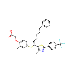 Cc1cc(S[C@@H](CCCCCc2ccccc2)c2sc(-c3ccc(C(F)(F)F)cc3)nc2C)ccc1OCC(=O)O ZINC000084711133