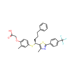 Cc1cc(S[C@@H](CCCc2ccccc2)c2sc(-c3ccc(C(F)(F)F)cc3)nc2C)ccc1OCC(=O)O ZINC000084711125