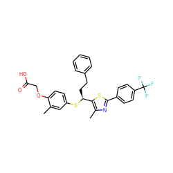 Cc1cc(S[C@@H](CCc2ccccc2)c2sc(-c3ccc(C(F)(F)F)cc3)nc2C)ccc1OCC(=O)O ZINC000084713599